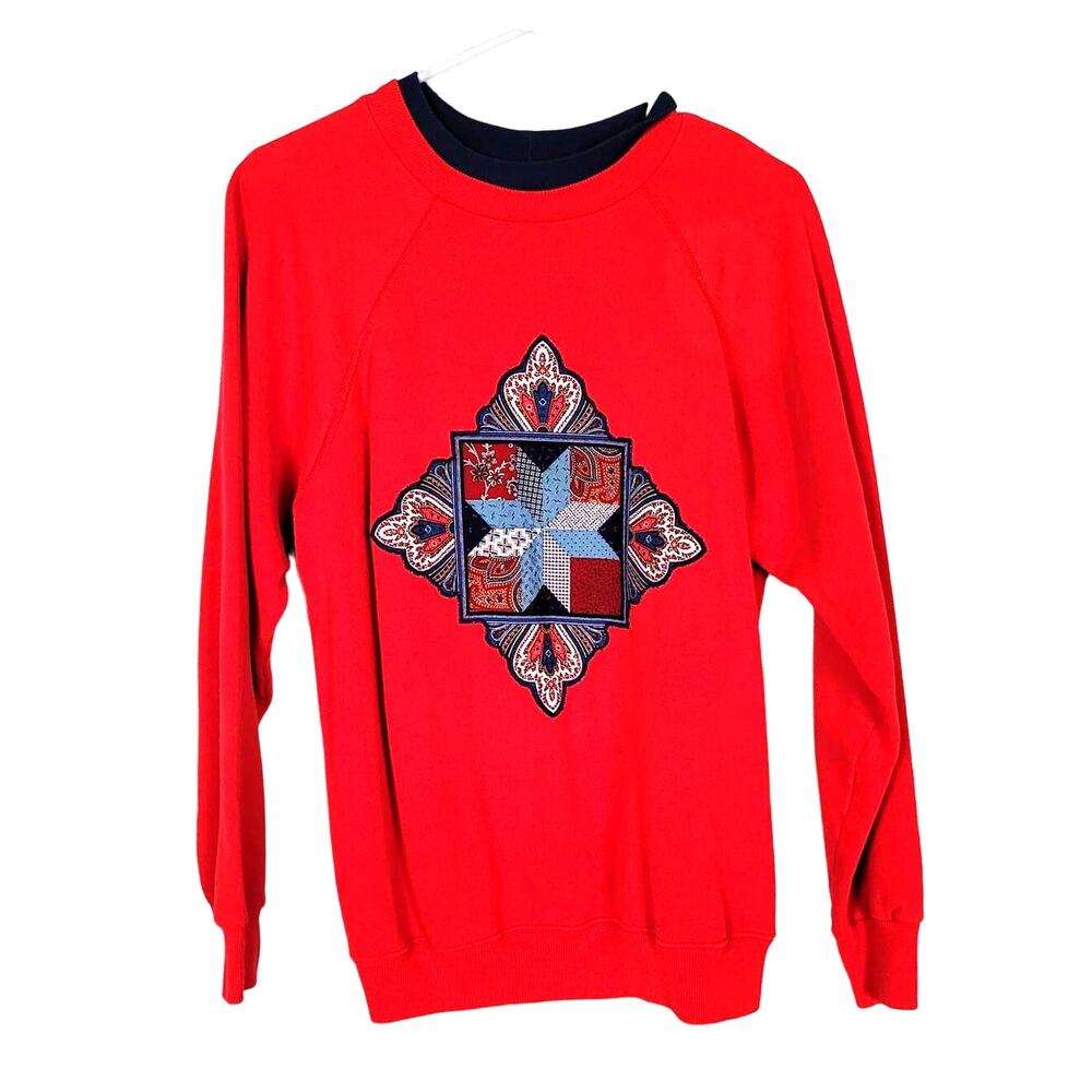 VINTAGE Hanes Her Way Red Grandma Quilt Square Pullover Sweater‎ Womans Size XL